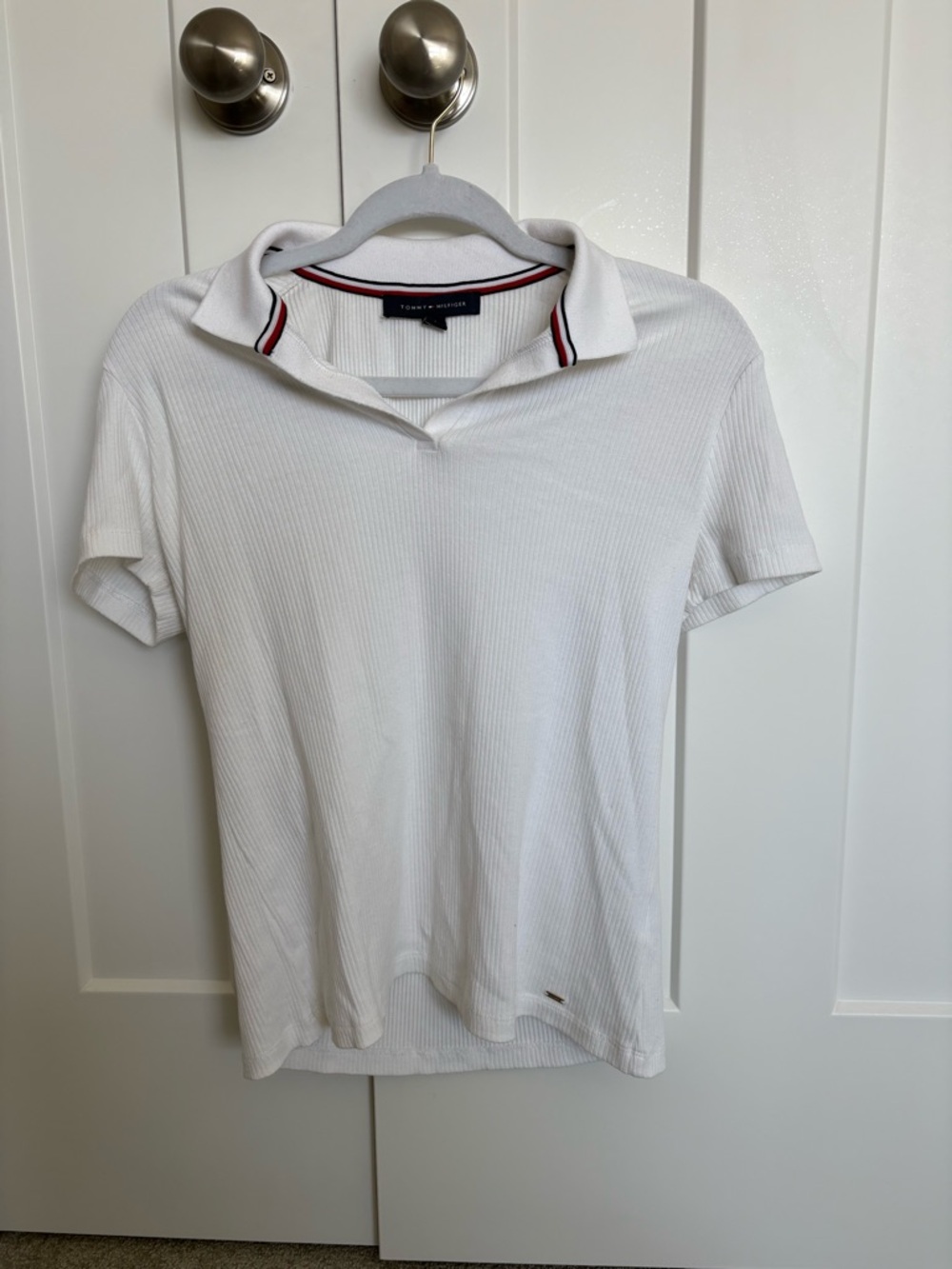 Tommy Hilfiger White Ribbed Polo with Red & Navy Trim